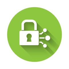 White Lock with bitcoin icon isolated with long shadow. Cryptocurrency mining, blockchain technology, security, protect, digital money. Green circle button. Vector.