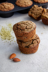 tasty chocolate muffins on the grey table
