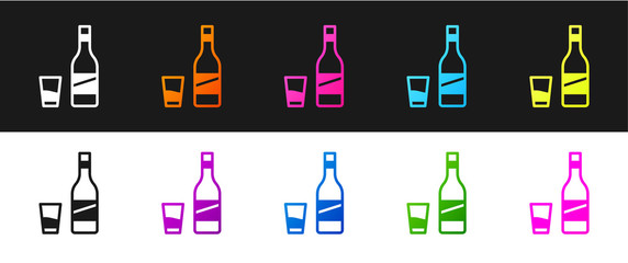 Set Bottle of vodka with glass icon isolated on black and white background. Vector.