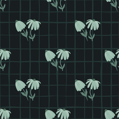 Dark flower seamless pattern with stylized ornament. Light blue daisies on background with check.