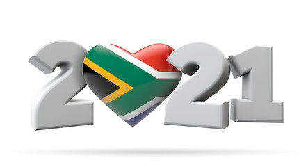 New year 2021 with south africa flag heart. 3D Rendering