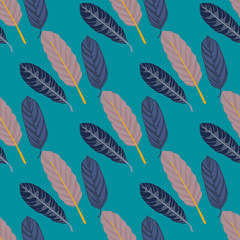 Hand drawn leaf figures seamless doodle pattern. Stylized navy blue and light purple silhouettes on bright turquoise background.