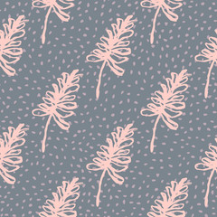 Simple minimalistic botanic seamless pattern with branches. Pink contoured elements on pale navy blue dotted background.