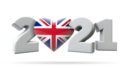 New year 2021 with United Kingdom flag heart. 3D Rendering