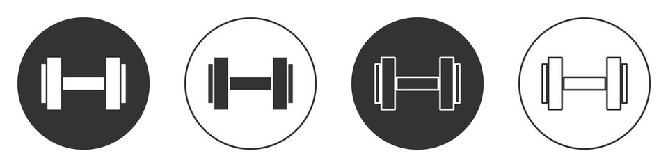 Black Dumbbell icon isolated on white background. Muscle lifting icon, fitness barbell, gym, sports equipment, exercise bumbbell. Circle button. Vector.