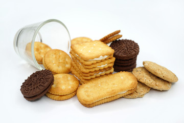 Various butter cracker pile isolated on white background