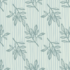 Nature print with branches seamless pattern. Navy contoured botanic ornament with light blue stripped background.