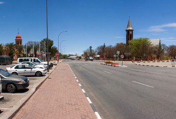Fototapeta na wymiar Otjiwarongo, Namibia : two churches accross each other on main street