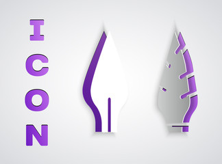 Paper cut Stone age arrow head icon isolated on grey background. Medieval weapon. Paper art style. Vector.