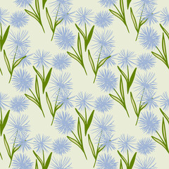 Abstract dandelion shapes seamless doodle pattern. Blue flowers with green leaves on light pastel background. Spring backdrop.