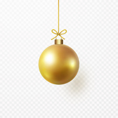Christmas tree ball with golden bow and ribbon isolated on transparent background. Vector gold glass xmas bauble element design