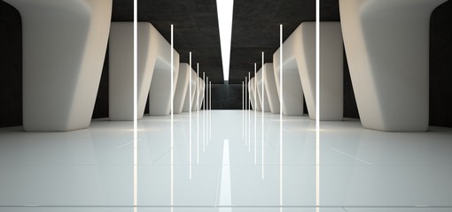 Abstract architectural minimalistic background. Contemporary showroom. Modern concrete exhibition tunnel. Empty gallery. Backlight. 3D illustration and rendering.