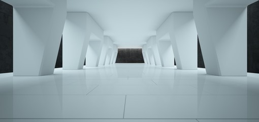 Abstract architectural minimalistic background. Contemporary showroom. Modern concrete exhibition tunnel. Empty gallery. Backlight. 3D illustration and rendering.