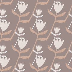 Autumn doodle seamless pattern with tulip flowers silhouettes. Artwork in beige and grey tones.