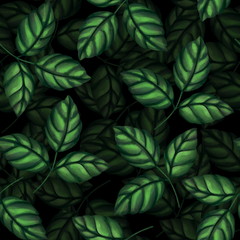 Green leaves seamless pattern on black background