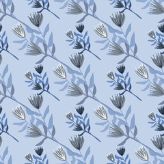 Simple stylized floral seamless pattern with tulips. Flower silhouettes and background with grey and blue colors.