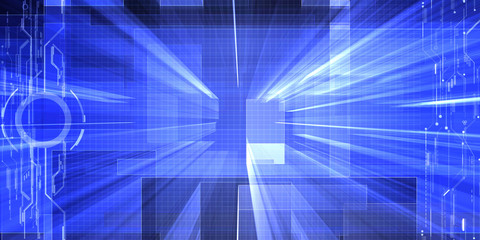 Abstract blue digital screen with futuristic digital tech patterns and speed glowing line.Future concept.