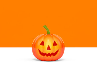 Halloween pumpkin on orange and white two-tone background 3d rendering. 3d illustration pumpkin for celebration Halloween event template minimal style concept.