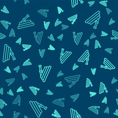 Green line Garden hose or fire hose icon isolated seamless pattern on blue background. Spray gun icon. Watering equipment. Vector Illustration.