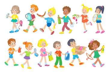 Happy children carry paper, plastic, organic, glass, electronic and metal trash for recycling. Separate garbage collection. In cartoon style. Isolated on white background. Vector illustration.