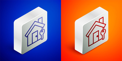 Isometric line House with key icon isolated on blue and orange background. The concept of the house turnkey. Silver square button. Vector Illustration.