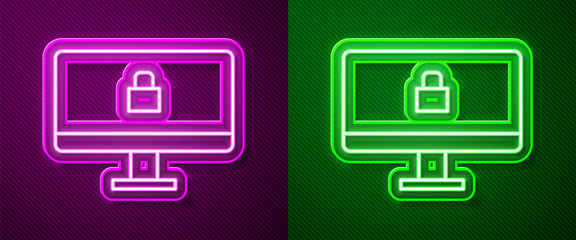 Glowing neon line Lock on computer monitor screen icon isolated on purple and green background. Security, safety, protection concept. Safe internetwork. Vector Illustration.