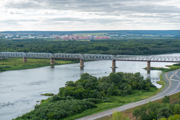 Fototapeta premium Railway bridge over the Belaya river in Ufa, Russia