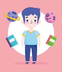 back to school, student boy books and planets elementary education cartoon