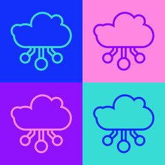 Pop art line Internet of things icon isolated on color background. Cloud computing design concept. Digital network connection. Vector.