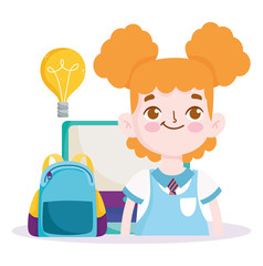 back to school, student girl computer monitor and backpack elementary education cartoon