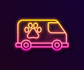 Glowing neon line Veterinary ambulance icon isolated on black background. Veterinary clinic symbol. Vector.