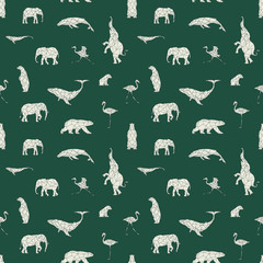 Seamless pattern with polygon animals. Low poly bear, flamingo, whale, elephant. Triangle graphic, origami style. Abstract geometric modern design. Vector illustration for fabric, printing, t-shirts