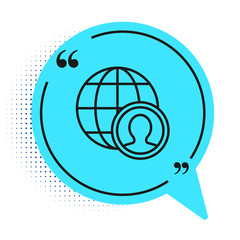 Black line Globe and people icon isolated on white background. Global business symbol. Social network icon. Blue speech bubble symbol. Vector.