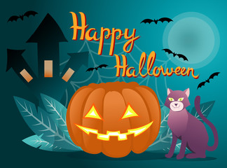Halloween pumpkin and funny cat greeting card. Spider web background.Trendiy style poster. Trick or treat party. Autumn holidays. Vector.