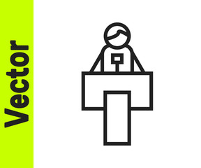 Black line Stage stand or debate podium rostrum icon isolated on white background. Conference speech tribune. Vector.