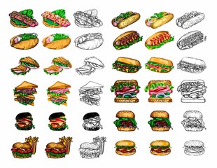 Raster illustration of fast food in the style of the sketch. Hamburgers, pizza, sandwiches, fries, hot dogs. High-quality detailed drawing of elements.