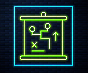 Glowing neon line Planning strategy concept icon isolated on brick wall background. Cup formation and tactic. Vector.
