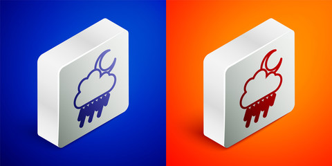 Isometric line Cloud with rain and moon icon isolated on blue and orange background. Rain cloud precipitation with rain drops. Silver square button. Vector.