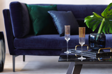 Stylish composition at living room interior with velvet sofa, pillows, coffee table, tropical leaf, wine glasses and decoration in modern concept.