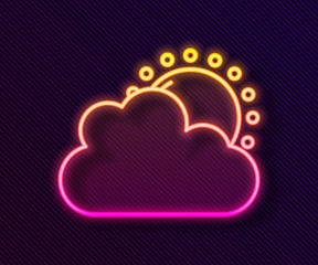Glowing neon line Sun and cloud weather icon isolated on black background. Vector.