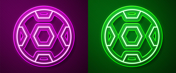 Glowing neon line Football ball icon isolated on purple and green background. Soccer ball. Sport equipment. Vector.