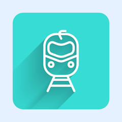 White line Train and railway icon isolated with long shadow. Public transportation symbol. Subway train transport. Metro underground. Green square button. Vector.
