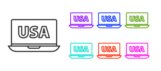 Black line USA United states of america on laptop icon isolated on white background. Set icons colorful. Vector.