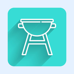 White line Barbecue grill icon isolated with long shadow. BBQ grill party. Green square button. Vector.