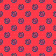 Blue line American star shield icon isolated seamless pattern on red background. United States of America country flag. 4th of July. USA Independence day. Vector.