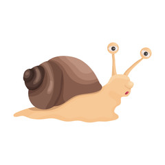 Vector illustration of a snail with a brown shell in a cartoon style. Cheerful snail emotional, brooding, comical, lips with the letter o, for children's design or phrases about speed