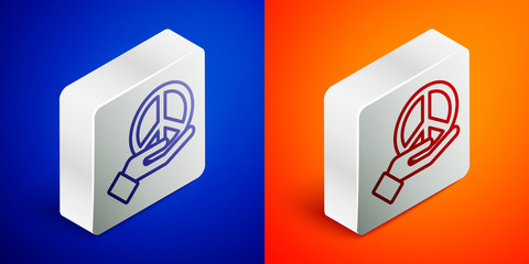 Isometric line Peace icon isolated on blue and orange background. Hippie symbol of peace. Silver square button. Vector.