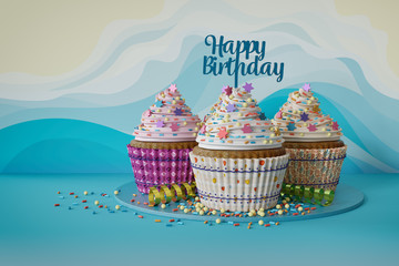 3d rendering of cupcakes on a marble plate, text Happy Birthday on a topper, blue background