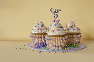 3d rendering of cupcakes on a marble plate, text Cheers to 5 on a topper, yellow background