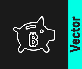 White line Piggy bank bitcoin icon isolated on black background. Icon saving or accumulation of money, investment. Vector.